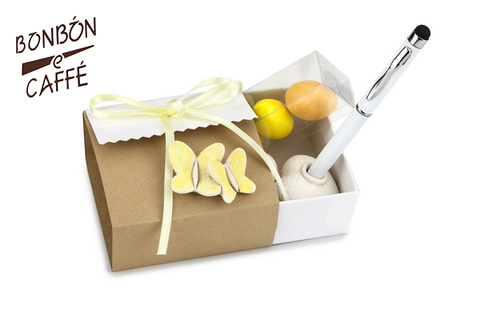 Bomboniera con confetti, NOZZE scatolina con penna assortita (gialla o bianca) e PORTA-PENNA (a cuore) con FARFALLE
