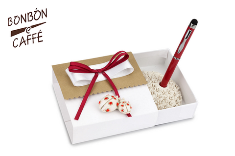 Bomboniera con confetti, NOZZE scatolina con penna assortita (rossa o bianca) e PORTA-PENNA (a cuore) con COCCINELLE