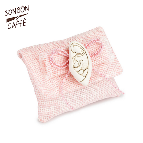 Bomboniera con confetti, NASCITA-BATTESIMO busta pochette ROSA con MATERNITÀ con calamita